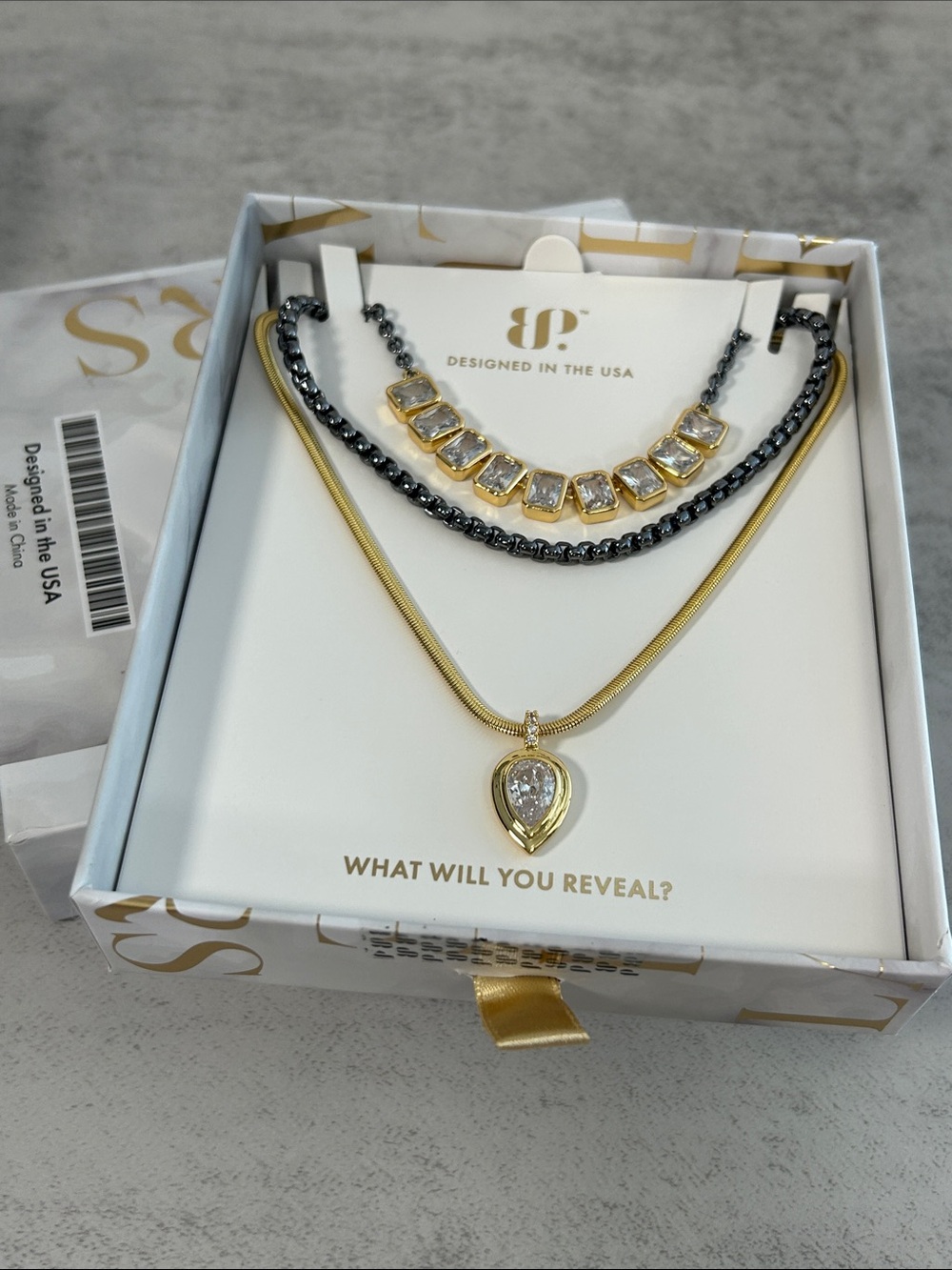 Gold and Gunmetal Layered Teardrop Crystal Necklace Set